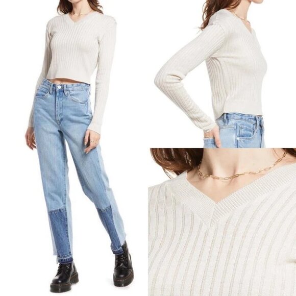 NEW Nordstorm BP Ribbed Crop Sweater Grey Size Large V-Neck Knit Made in USA L - Picture 2 of 11